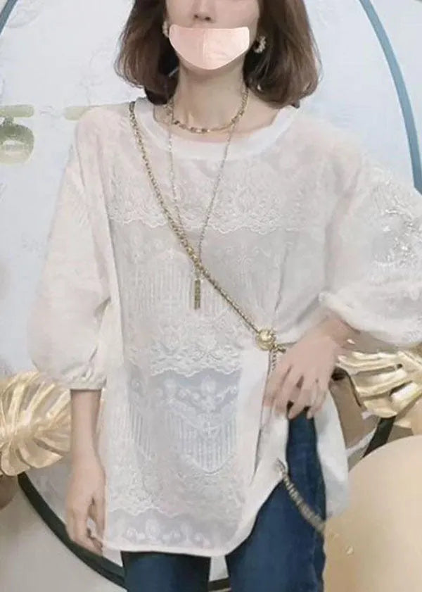 French White O-neck Nail Bead Embroideried Lace Shirt Top Bracelet Sleeve