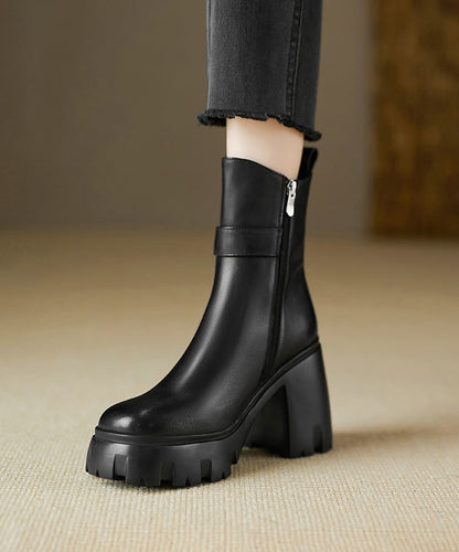 Zippered Splicing Chunky Heel Boots Black Cowhide Leather