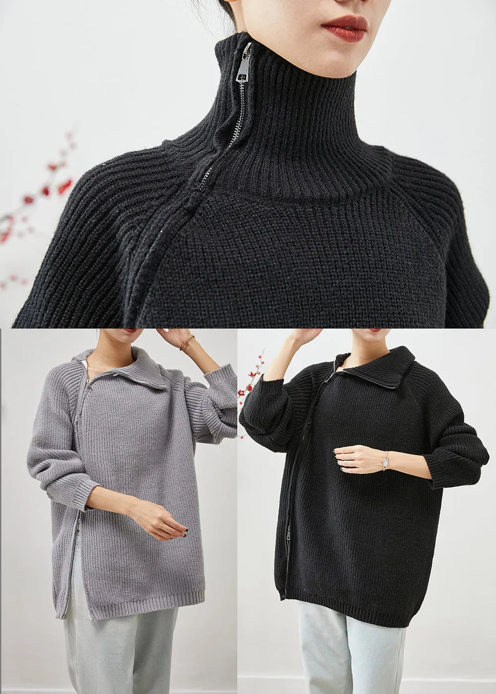 Grey Asymmetrical Zip Up Thick Knit Sweater Tops Winter