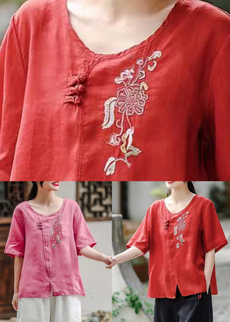 Rose O-neck Side Open Patchwork Cotton T Shirt Summer