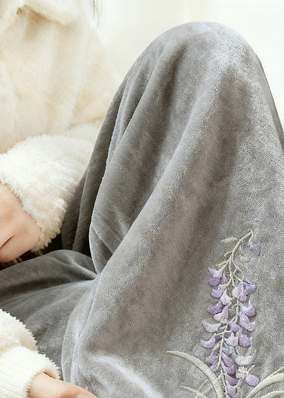 Grey Embroidered Warm Fleece Silk Velvet Pants Spring