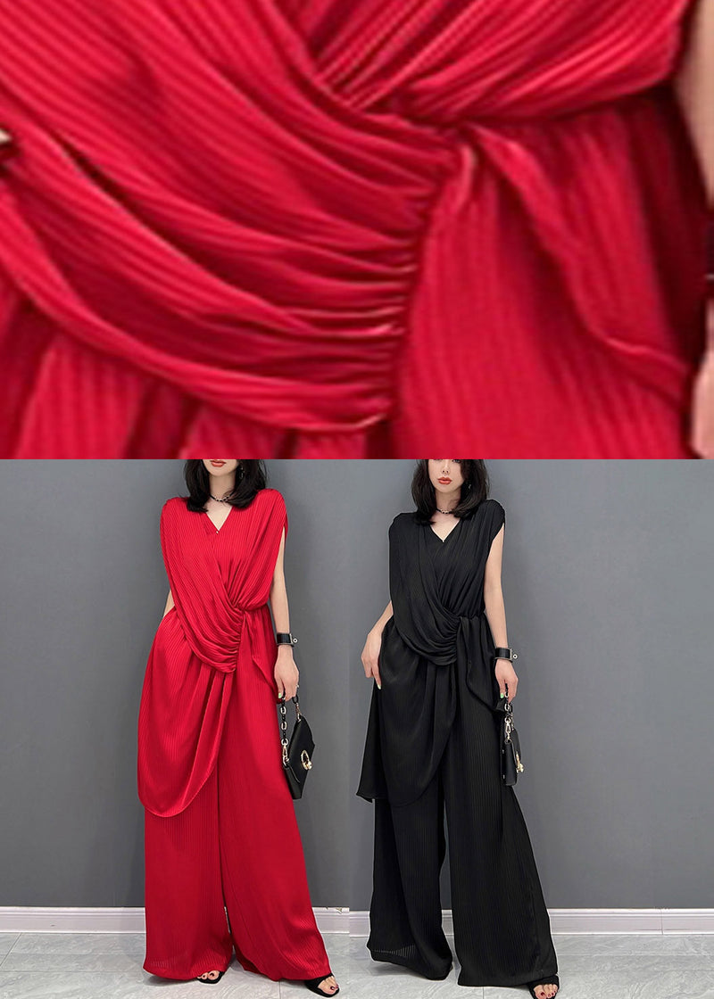 Black V Neck Wrinkled Pockets Silk Jumpsuits Pants Summer