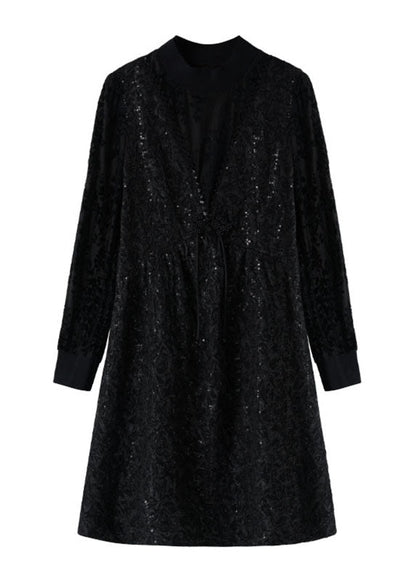 Jacquard Black O-neck Patchwork Nail Bead Fake Two Pieces Mid Dress Fall