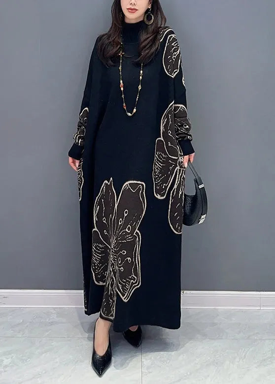 Loose Black Turtleneck Print Patchwork Cotton Knit Long Dresses Fall