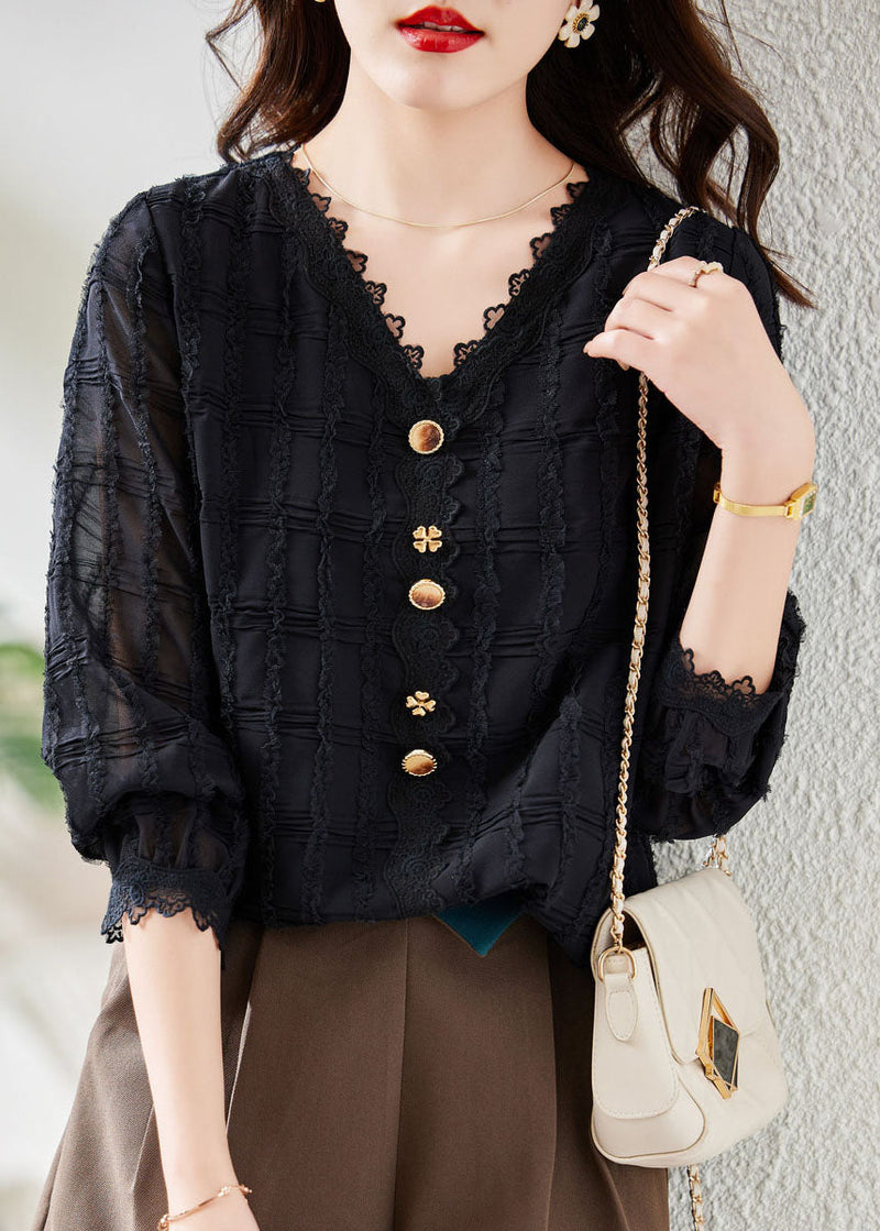 White V Neck Lace Patchwork Button Chiffon Shirt Fall