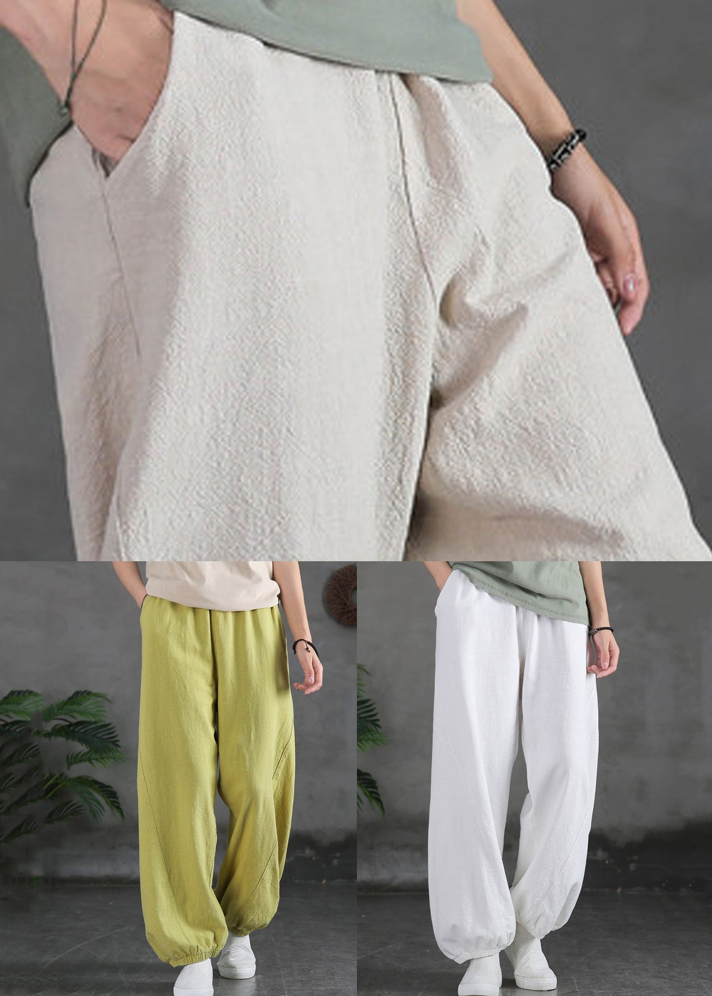 New White Pockets High Waist Cotton Beam Pants