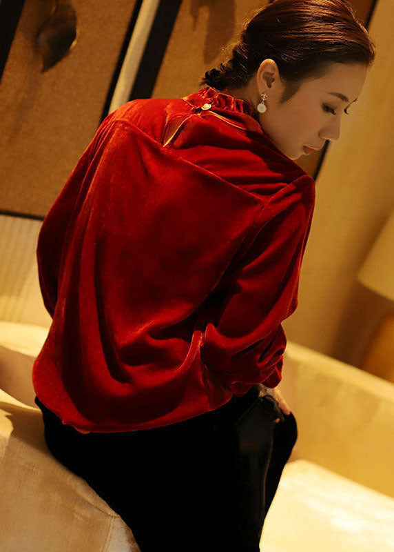Red Stand Collar Ruffled Button Silk Velour Shirt Top Long Sleeve