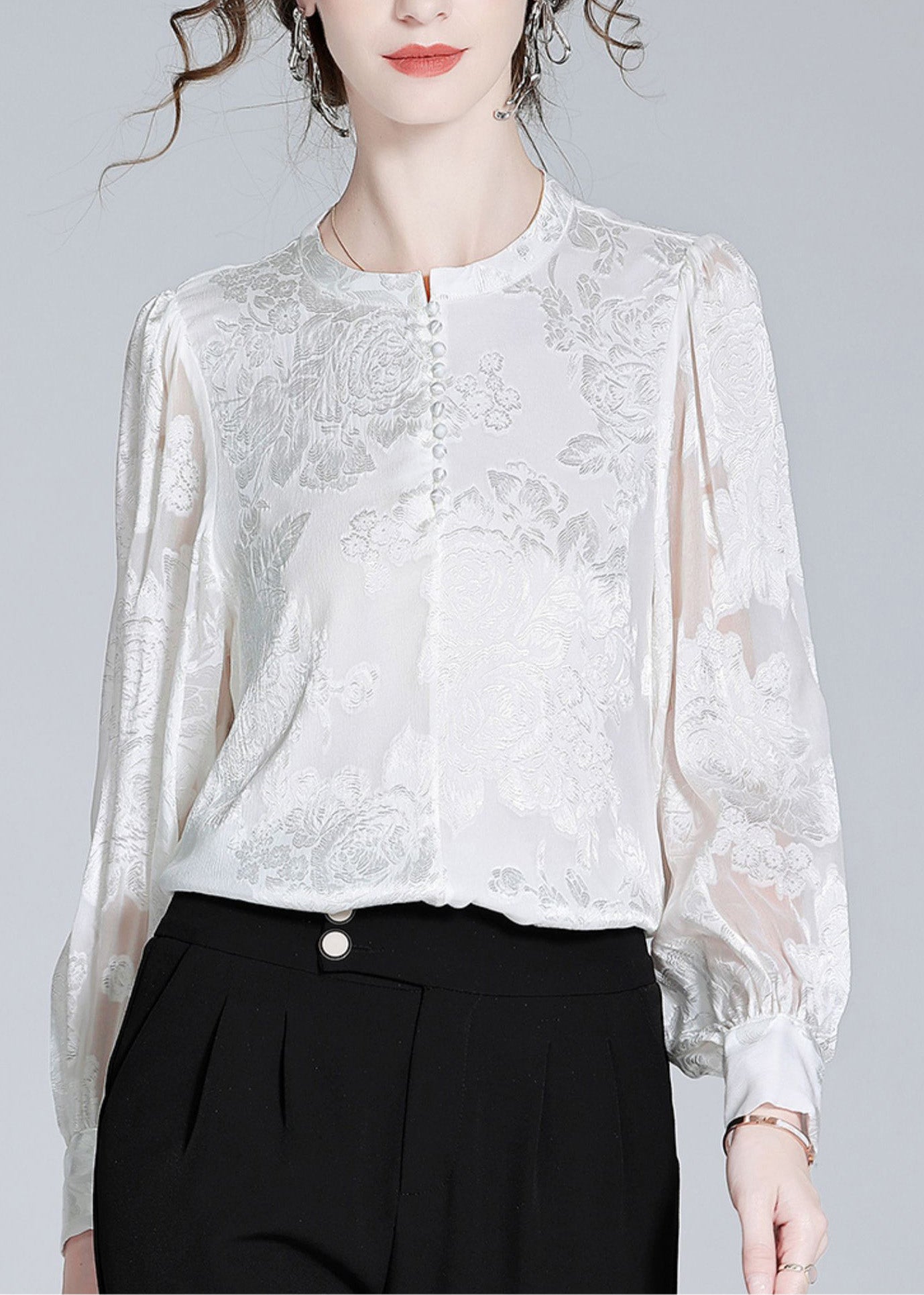 White O-neck Button Jacquard Slik Shirt Spring