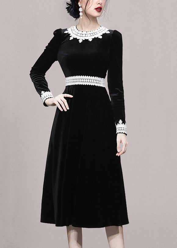 Slim Fit Black O-neck Lace Patchwork Velour Dress Fall