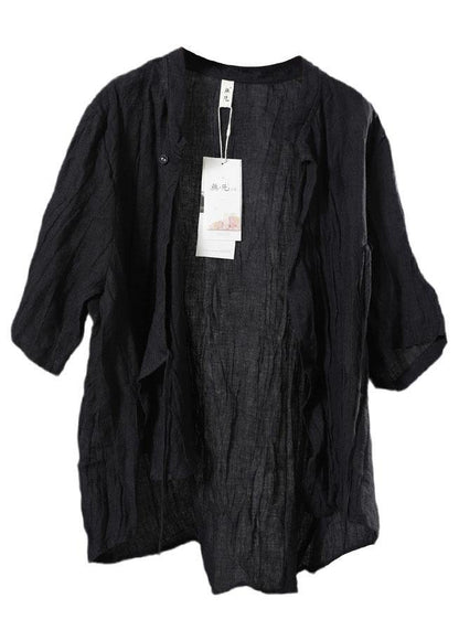Style Black Button Stand Collar Asymmetrical Design Fall Half Sleeve Blouse Top