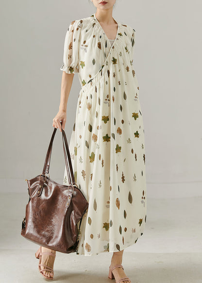 White V Neck Print Chiffon Maxi Dress Summer