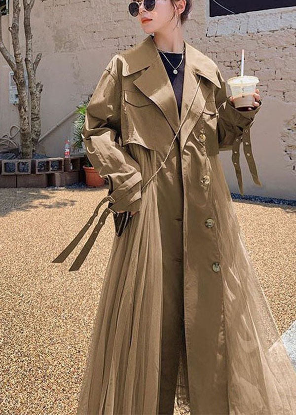 Khaki Peter Pan Collar Tulle Patchwork Cotton Trench Coat Long Sleeve