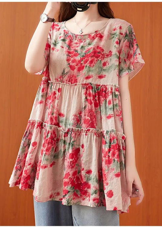Red Ruffled Print Cotton a Line Top Short Sleeve