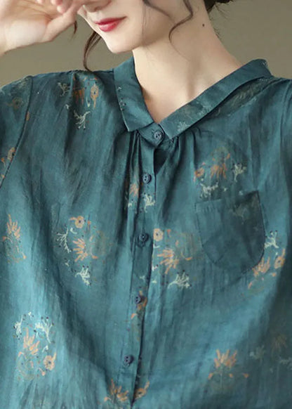 Navy Peter Pan Collar Wrinkled Linen Shirt Top Short Sleeve
