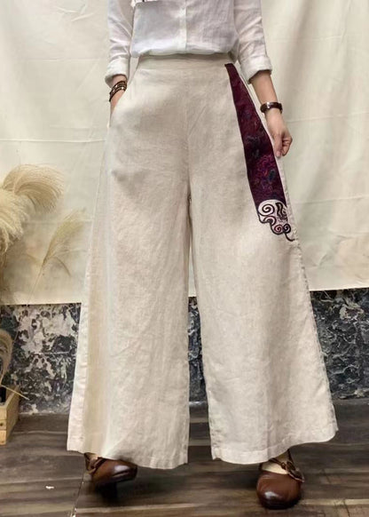 Beige Embroideried Pockets Patchwork Linen Pants Fall