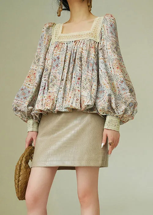 Square Collar Print Lace Up Patchwork Cotton Blouses Fall