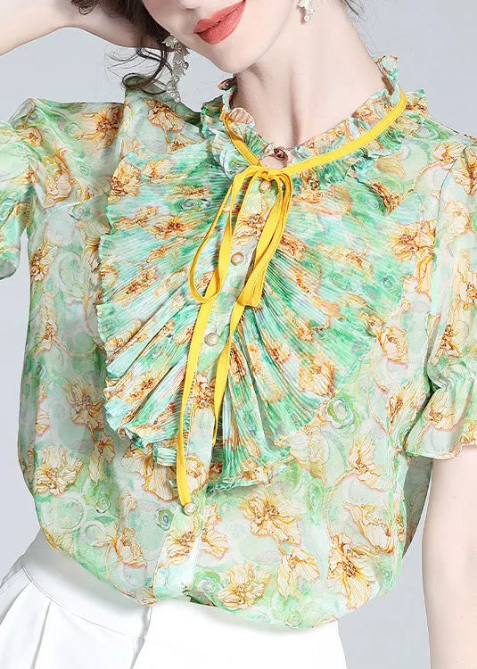 Boutique Green Stand Collar Print Ruffled Neck Tie Silk Top Summer