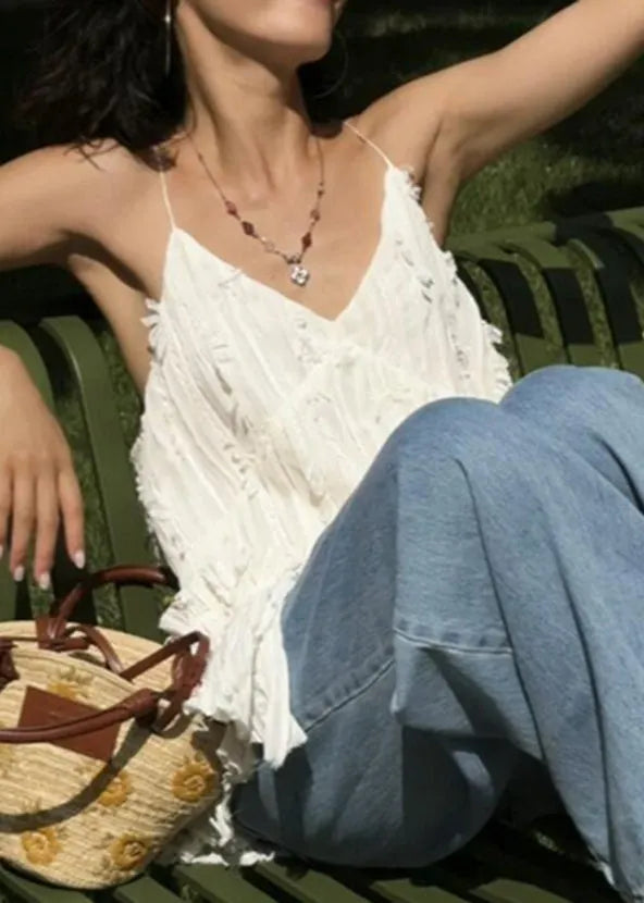 White V Neck Ruffled Cotton Spaghetti Strap Tank Sleeveless