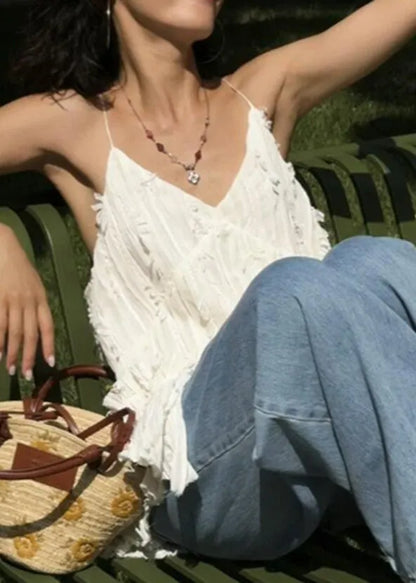 White V Neck Ruffled Cotton Spaghetti Strap Tank Sleeveless
