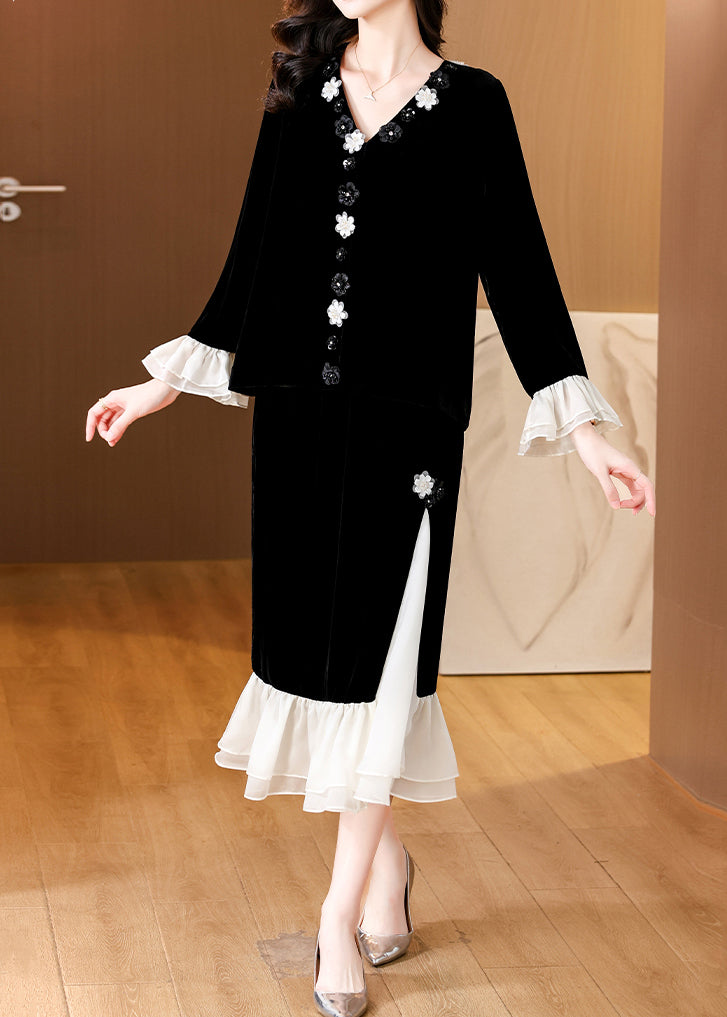 Black V Neck Patchwork Tops and Skirts Silk Velvet Two Pieces Set Butterfly Sleeve
