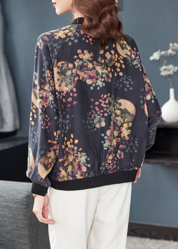 Dark Gray Zip Up Print Pockets Patchwork Silk Coats Fall