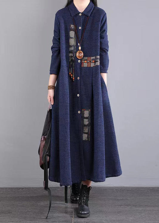 Navy Peter Pan Collar Patchwork Warm Fleece Long Dress Winter