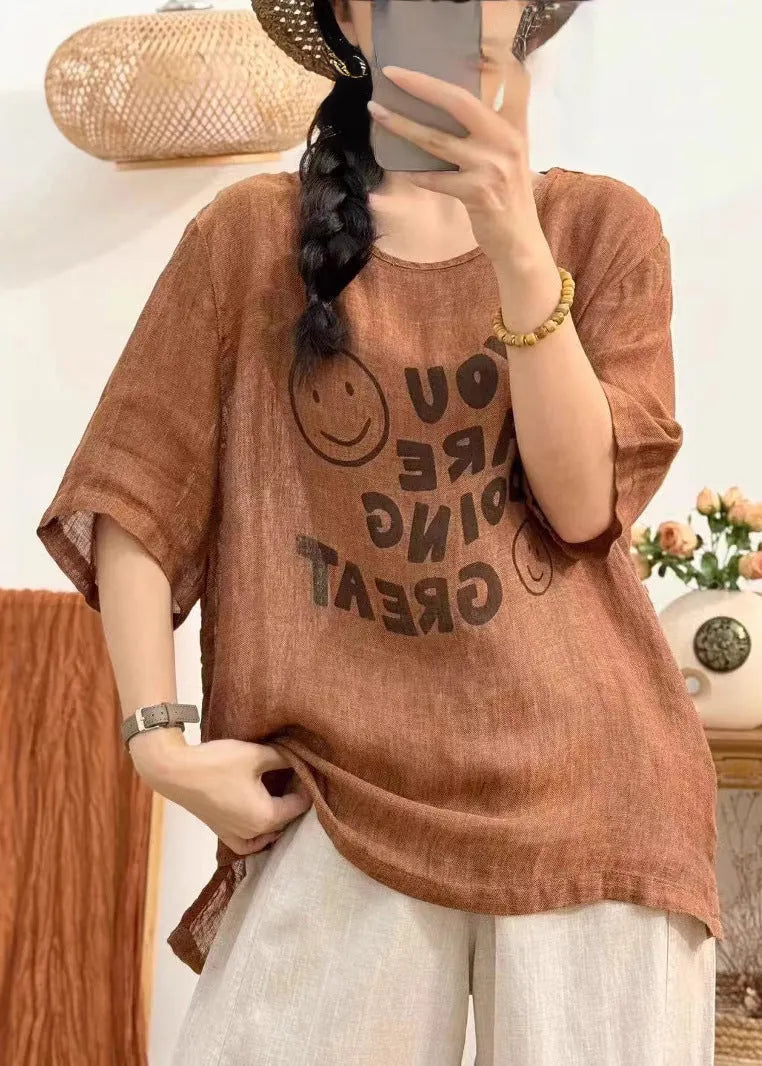 Linen Print Side Open Linen Summer Shirt O Neck