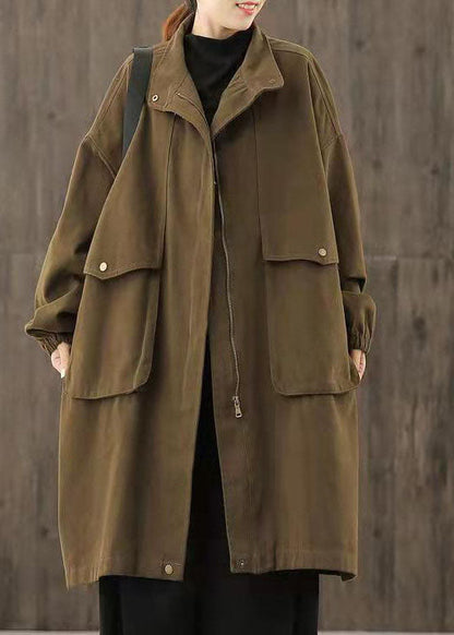 Handmade Chocolate Zippered Pockets Patchwork Fall Trench Coats