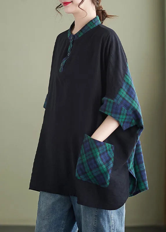 Plaid Button Pockets Patchwork Cotton Tops Batwing Sleeve