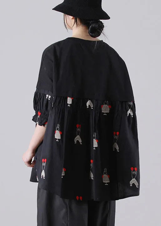 Black O-neck Embroideried Patchwork Cotton Shirts Short Sleeve