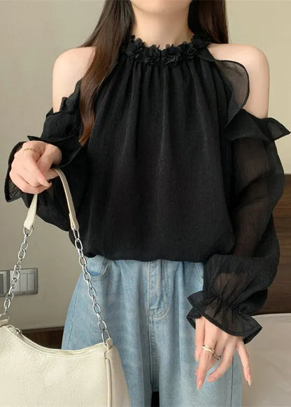 French Black Cold Shoulder Chiffon Shirts Fall