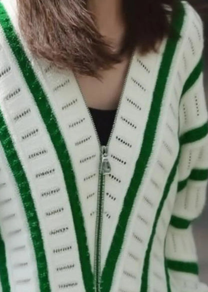 Art Green V Neck Zip Up Striped Knit Shirts Fall