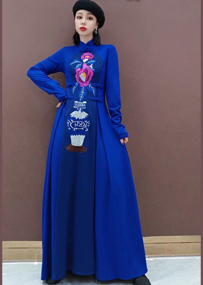 Blue Stand Collar Embroideried Long Dresses Spring