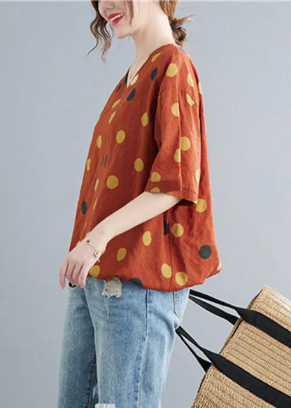 Orange V Neck Dot Drawstring Linen Tops Half Sleeve