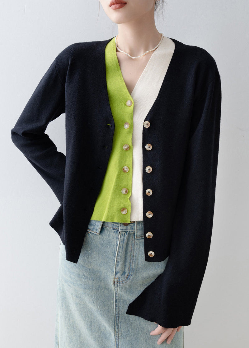 Italian Black V Neck Patchwork False Two Pieces Knit Cardigan Spring