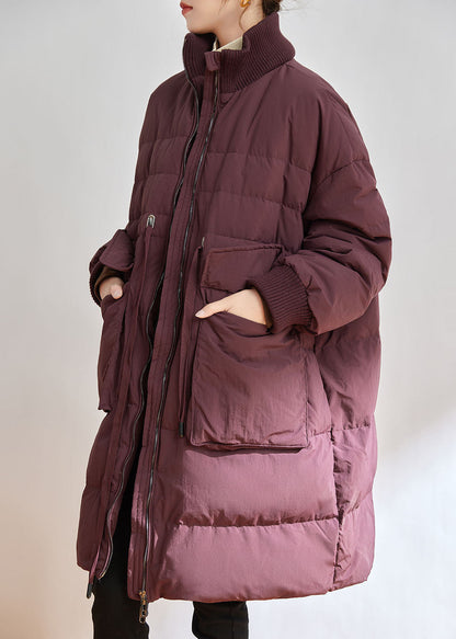 Purple Stand Collar Zippered Duck Down Down Coat Winter
