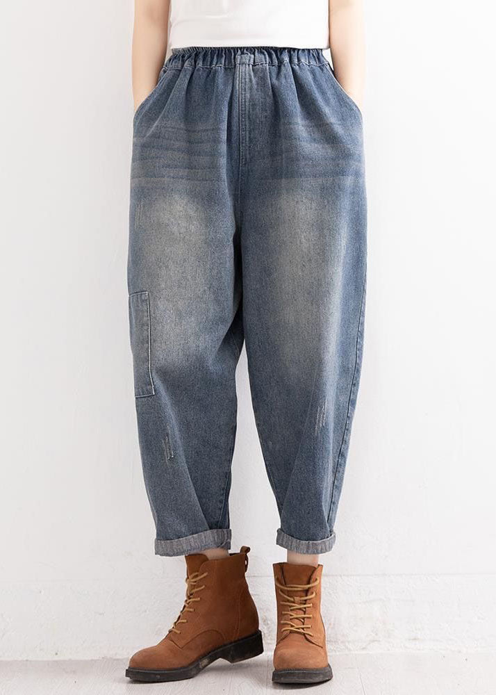 Denim Blue Elastic Waist Pockets Patchwork Applique Cotton Harem Pants Fall