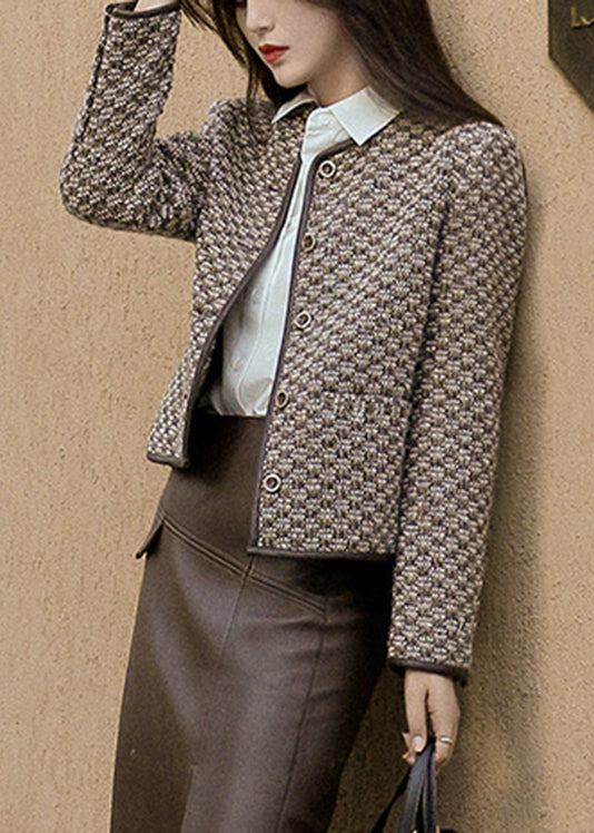 O-neck Plaid Button Woolen Coat Long Sleeve