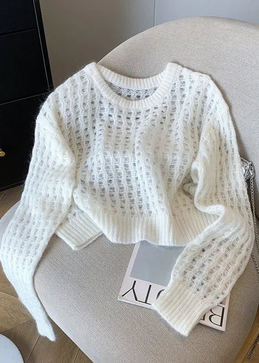 White O Neck Hollow Out Knit Pullover Fall