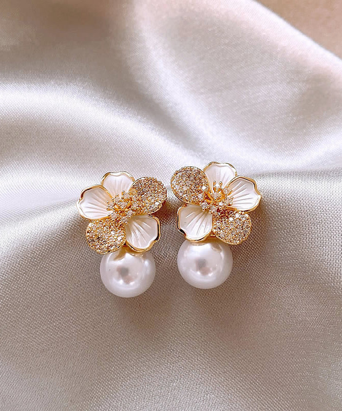 White Sterling Silver Overgild Zircon Pearl Stud Earrings