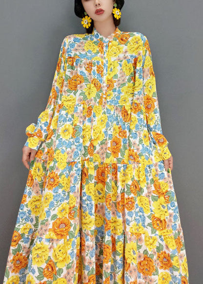 Yellow Stand Collar Print Exra Large Hem Cotton Vacation Dresses Spring