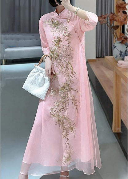 Green Embroideried Button Cotton Blend Long Dresses Spring