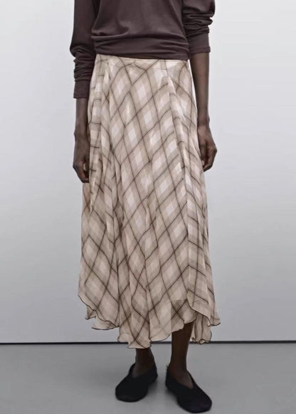 Brown Plaid High Waist Maxi Skirts Fall
