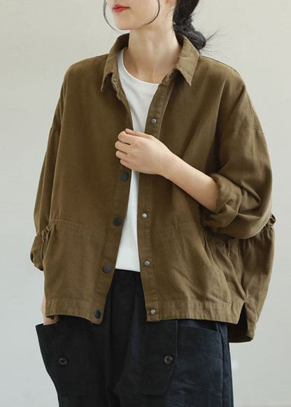 Army Green Ruffled Pockets Color Cotton Jacket Long Sleeve