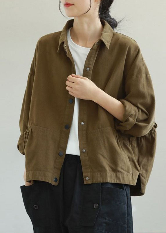 Army Green Ruffled Pockets Color Cotton Jacket Long Sleeve