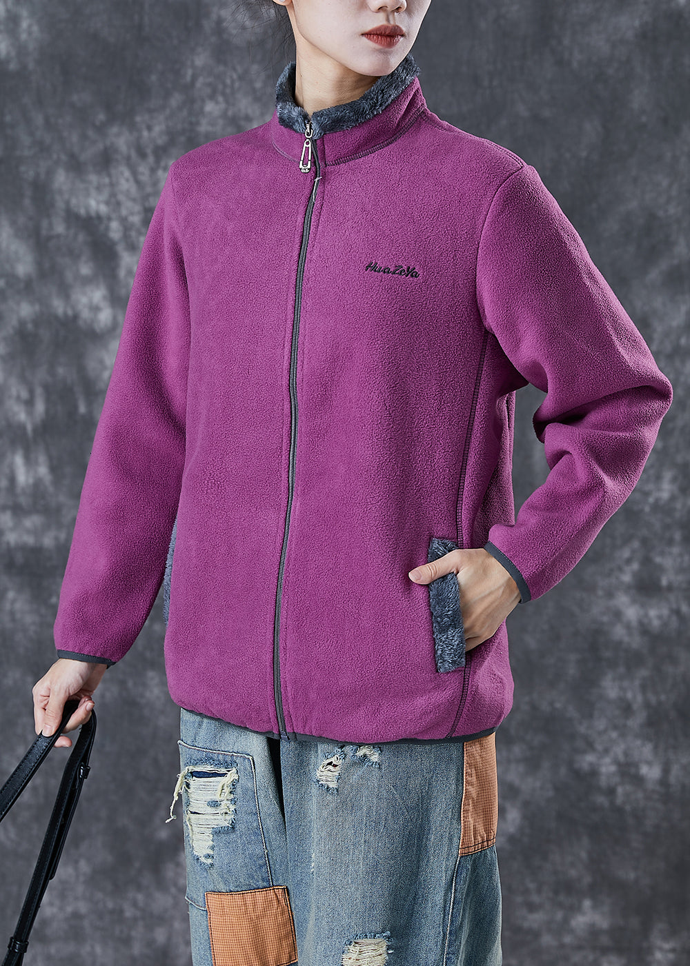 Purple Warm Fleece Jackets Embroideried Winter