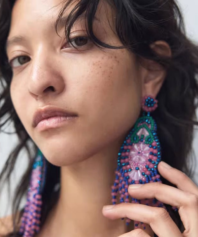 Rainbow Weave Crystal Beading Tassel Drop Earrings