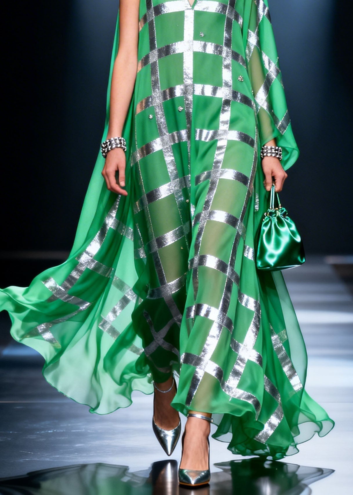 Green V Neck Print Chiffon Long Dress Summer