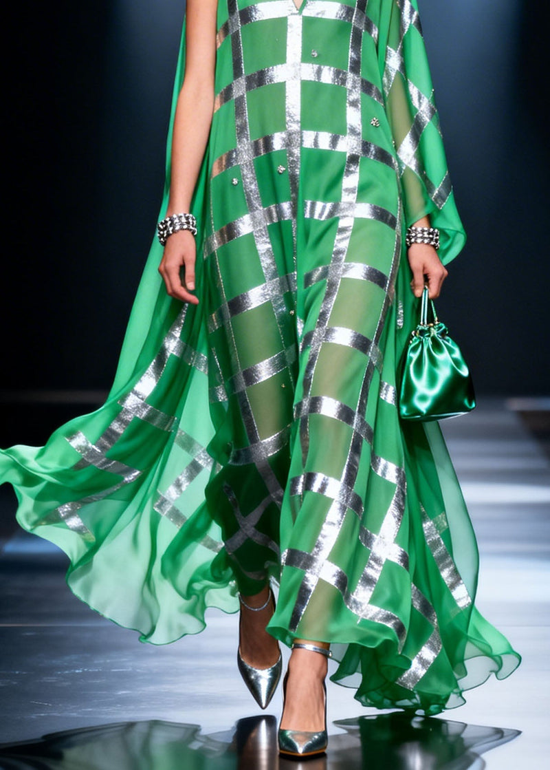Green V Neck Print Chiffon Long Dress Summer