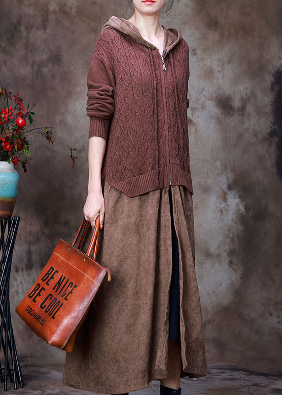 Chocolate Zippered Drawstring Hooded Patchwork Knit Coats Spring